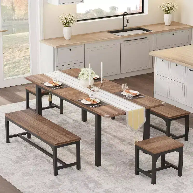 Table à manger pour 4-6 personnes avec 2 bancs et 2 tabourets, grande table de salle à manger extensible de 160 cm pour 4 personnes, table de cuisine
