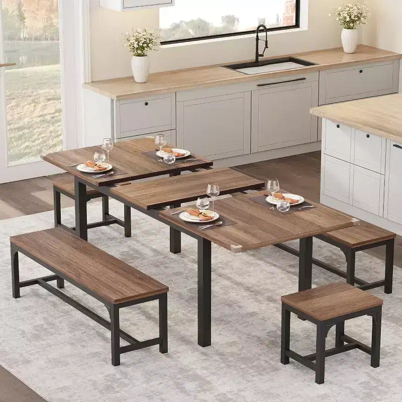 Table à manger pour 4-6 personnes avec 2 bancs et 2 tabourets, grande table de salle à manger extensible de 160 cm pour 4 personnes, table de cuisine
