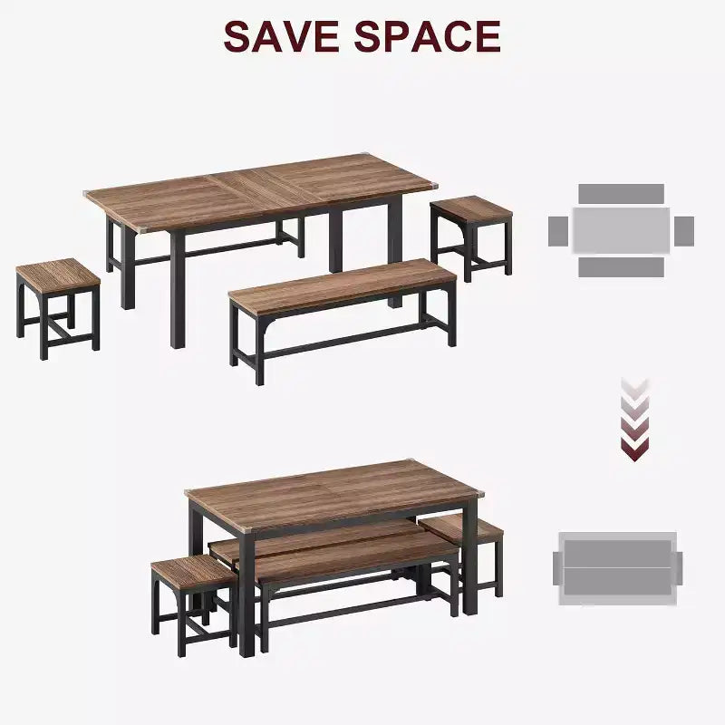 Table à manger pour 4-6 personnes avec 2 bancs et 2 tabourets, grande table de salle à manger extensible de 160 cm pour 4 personnes, table de cuisine