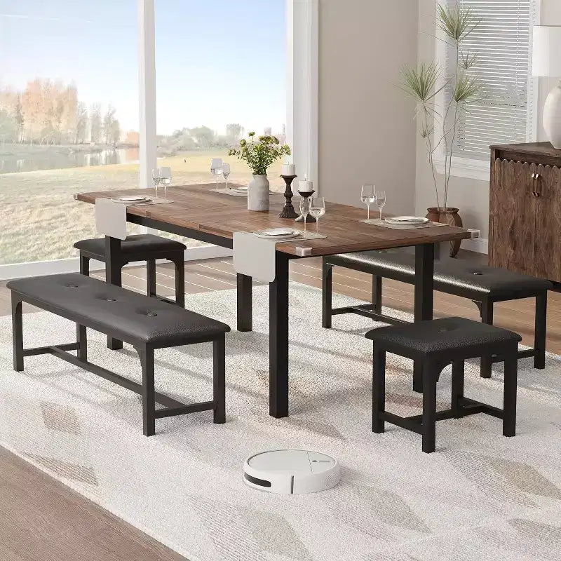 Table à manger pour 4-6 personnes avec 2 bancs et 2 tabourets, grande table de salle à manger extensible de 160 cm pour 4 personnes, table de cuisine