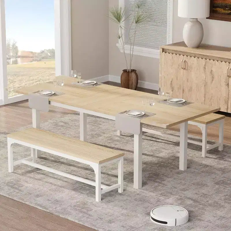 Table à manger pour 4-6 personnes avec 2 bancs et 2 tabourets, grande table de salle à manger extensible de 160 cm pour 4 personnes, table de cuisine