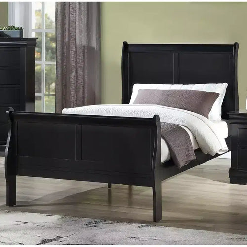 Lit traîneau double 41 en bois massif avec tête et pied de lit, design sécurisé bas pour chambre d'enfant, noir