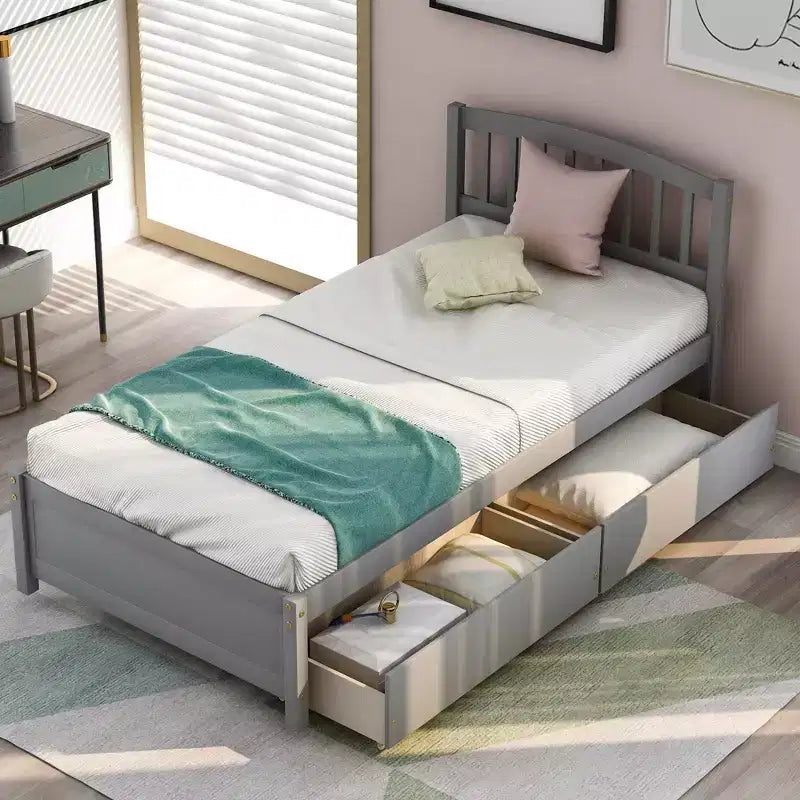 Lit plateforme double avec rangement, cadre en bois avec deux tiroirs et tête de lit Blanc