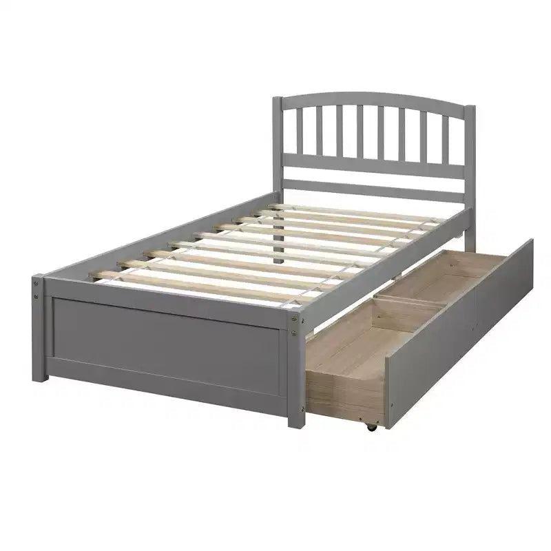 Lit plateforme double avec rangement, cadre en bois avec deux tiroirs et tête de lit Blanc