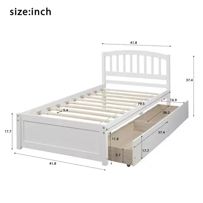 Lit plateforme double avec rangement, cadre en bois avec deux tiroirs et tête de lit Blanc