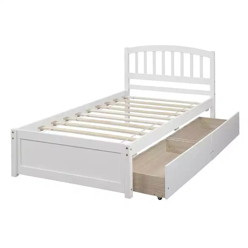 Lit plateforme double avec rangement, cadre en bois avec deux tiroirs et tête de lit Blanc