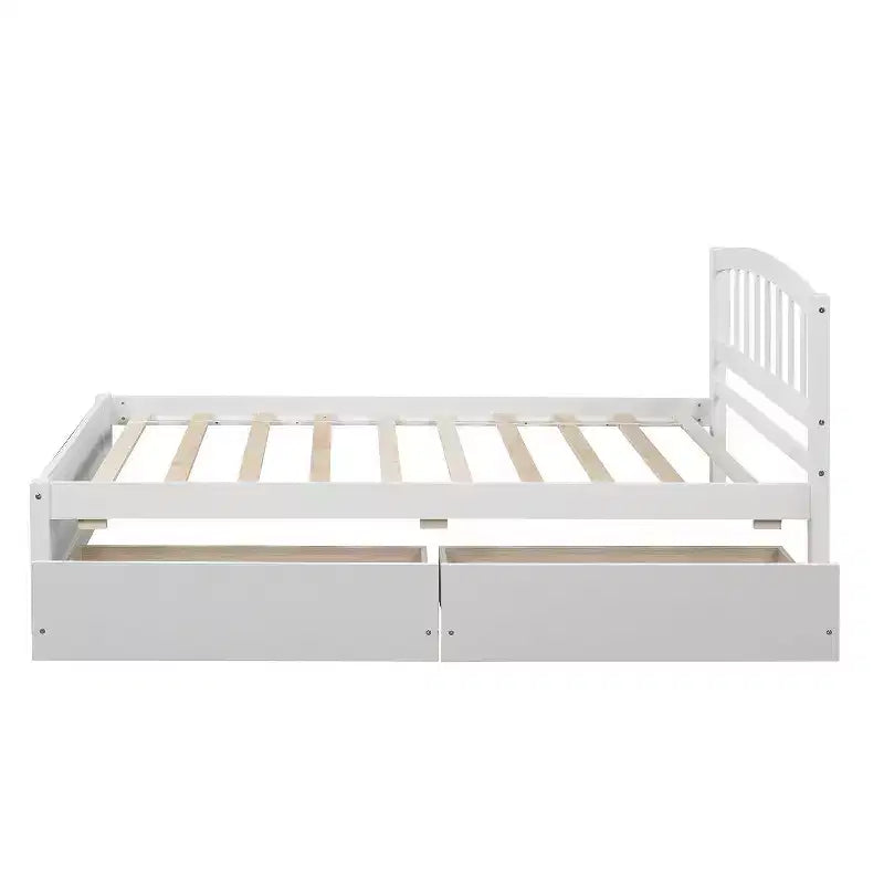 Lit plateforme double avec rangement, cadre en bois avec deux tiroirs et tête de lit Blanc