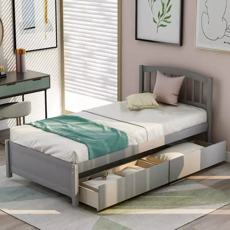 Lit plateforme double avec rangement, cadre en bois avec deux tiroirs et tête de lit Blanc