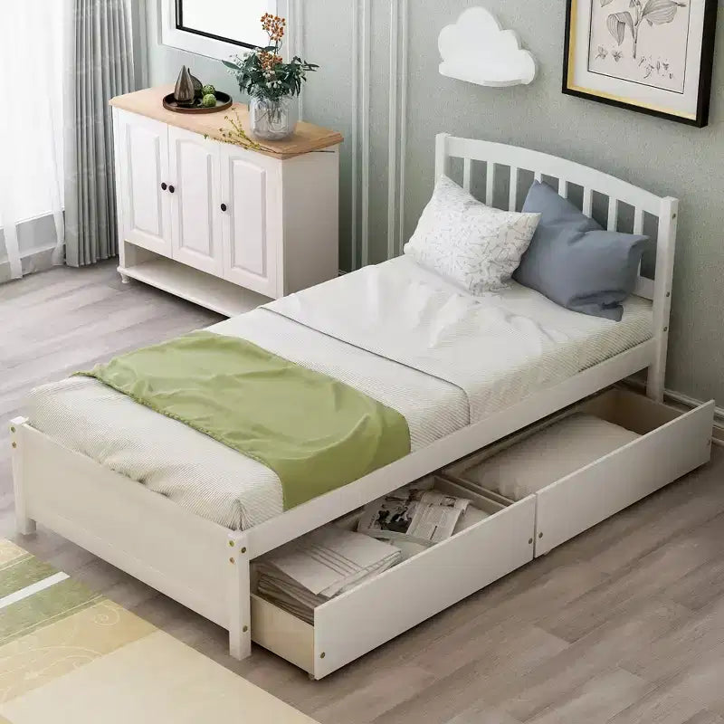 Lit plateforme double avec rangement, cadre en bois avec deux tiroirs et tête de lit Blanc