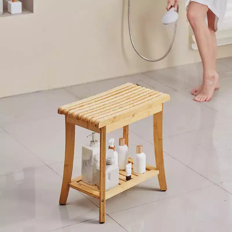 Banc de douche en bambou, 48,5 x 28,7 x 46,5 cm, tabouret de douche étanche avec étagère de rangement, capacité de charge de 150 kg, bambou naturel