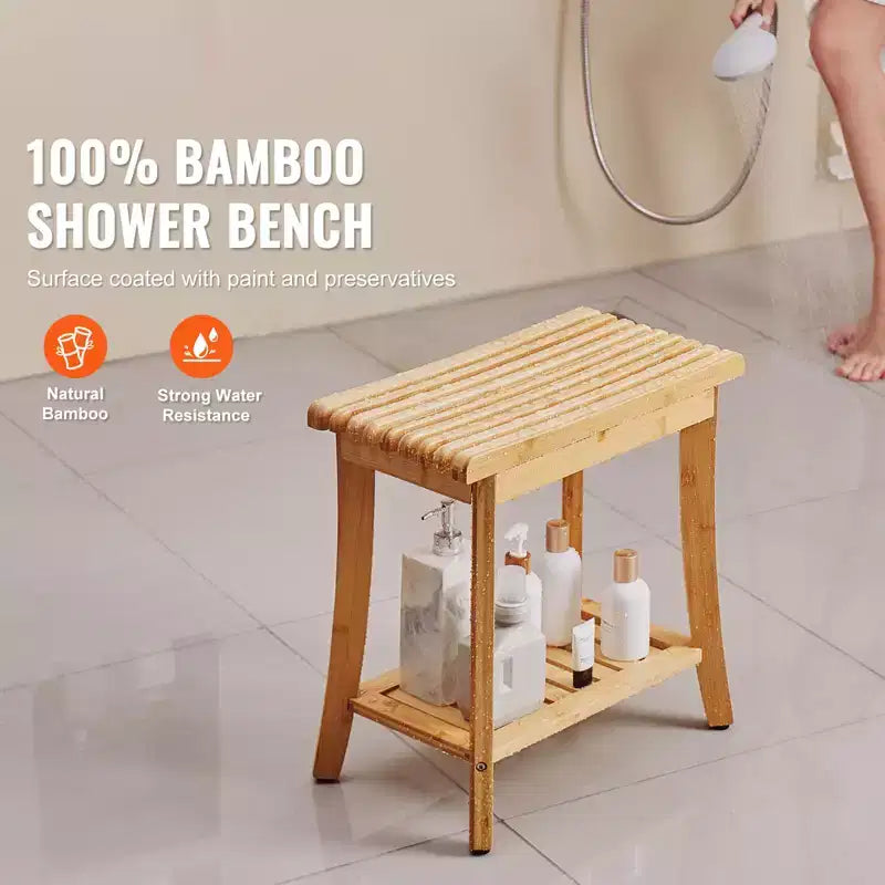 Banc de douche en bambou, 48,5 x 28,7 x 46,5 cm, tabouret de douche étanche avec étagère de rangement, capacité de charge de 150 kg, bambou naturel
