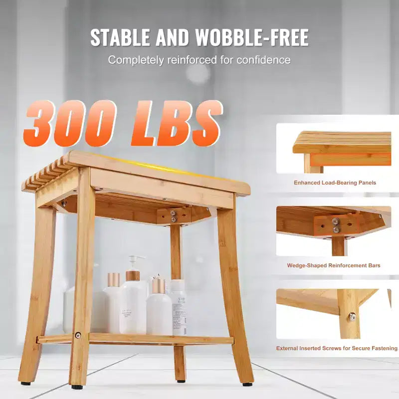 Banc de douche en bambou, 48,5 x 28,7 x 46,5 cm, tabouret de douche étanche avec étagère de rangement, capacité de charge de 150 kg, bambou naturel