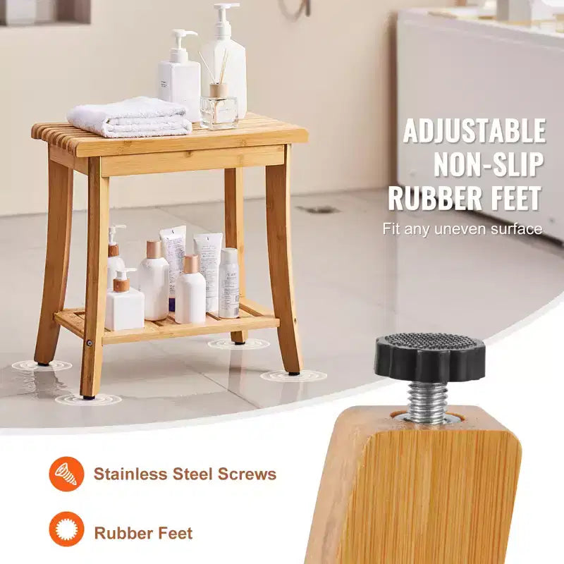 Banc de douche en bambou, 48,5 x 28,7 x 46,5 cm, tabouret de douche étanche avec étagère de rangement, capacité de charge de 150 kg, bambou naturel