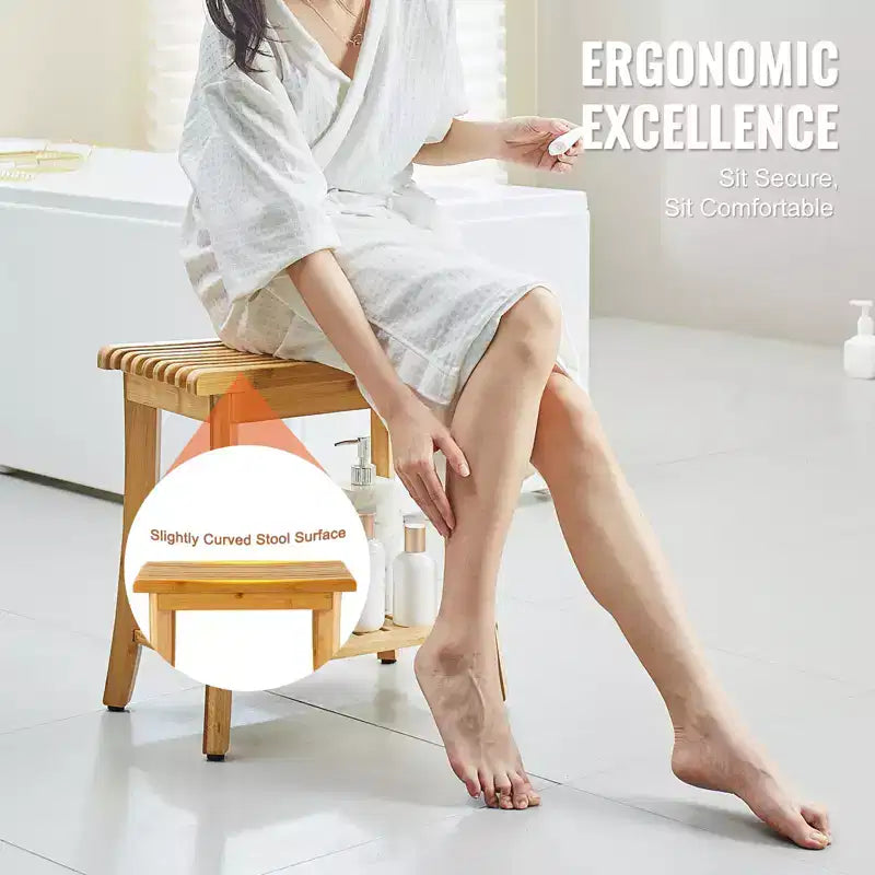 Banc de douche en bambou, 48,5 x 28,7 x 46,5 cm, tabouret de douche étanche avec étagère de rangement, capacité de charge de 150 kg, bambou naturel