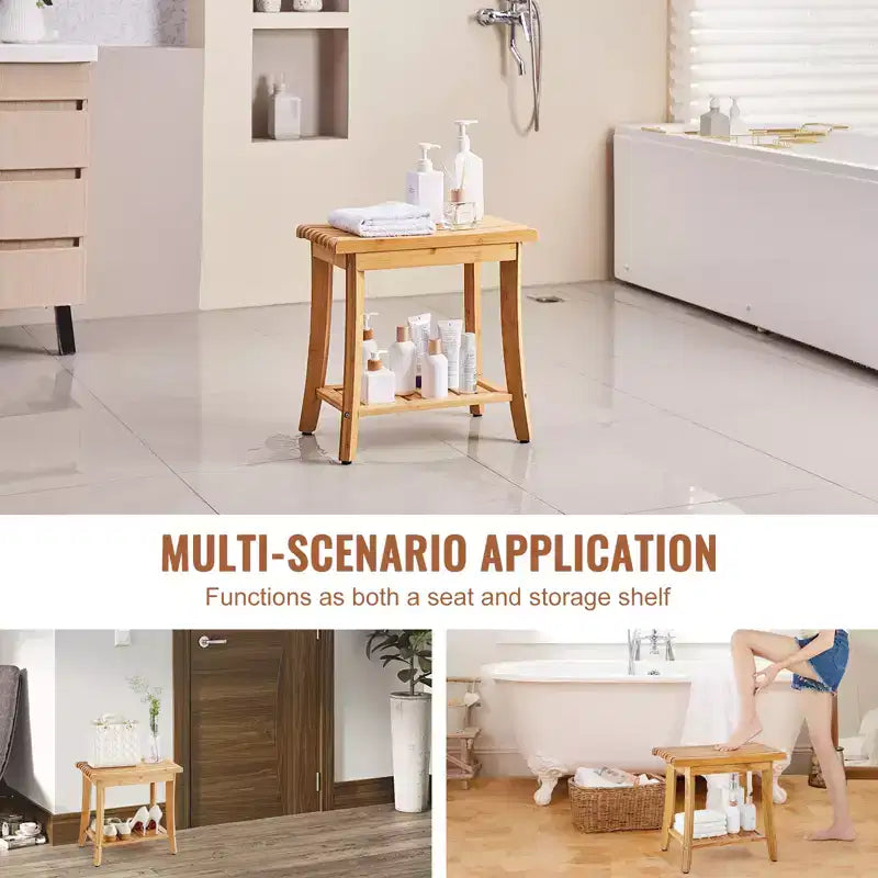 Banc de douche en bambou, 48,5 x 28,7 x 46,5 cm, tabouret de douche étanche avec étagère de rangement, capacité de charge de 150 kg, bambou naturel