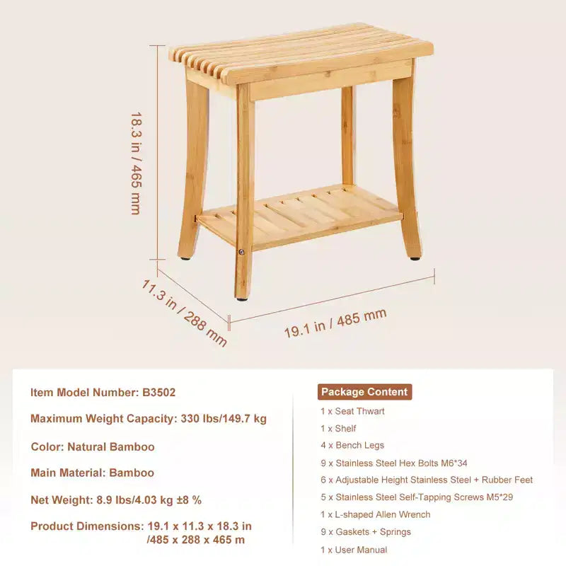 Banc de douche en bambou, 48,5 x 28,7 x 46,5 cm, tabouret de douche étanche avec étagère de rangement, capacité de charge de 150 kg, bambou naturel