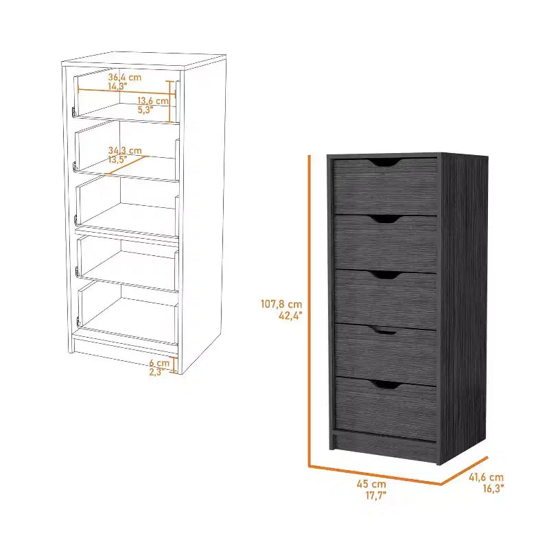 Commode étroite à 5 tiroirs – Rangement peu encombrant d'une capacité totale de 25 kg, tiroirs coulissants pour vêtements et jouets