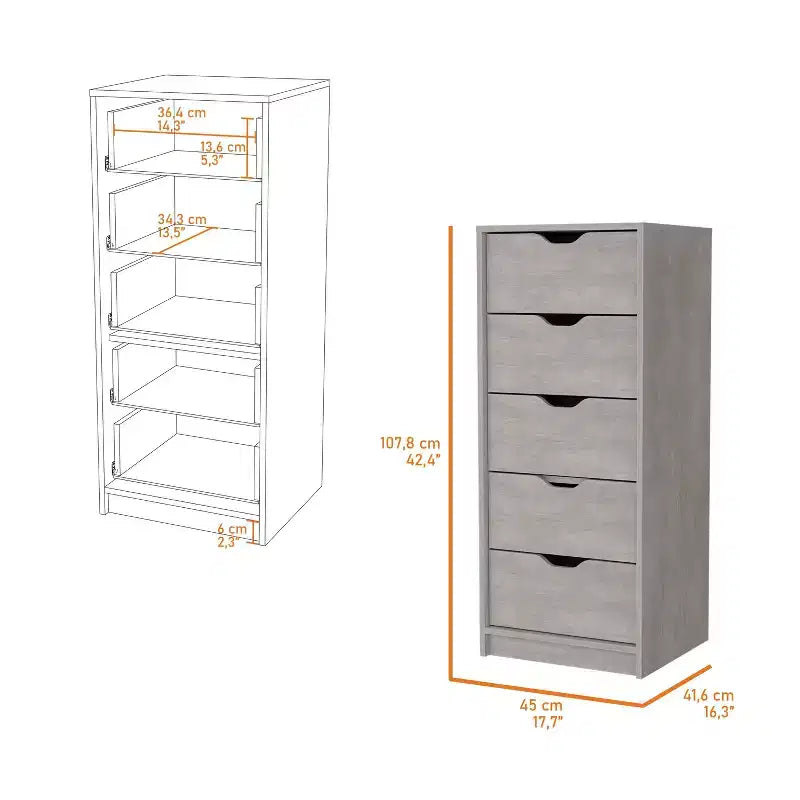 Commode étroite à 5 tiroirs – Rangement peu encombrant d'une capacité totale de 25 kg, tiroirs coulissants pour vêtements et jouets
