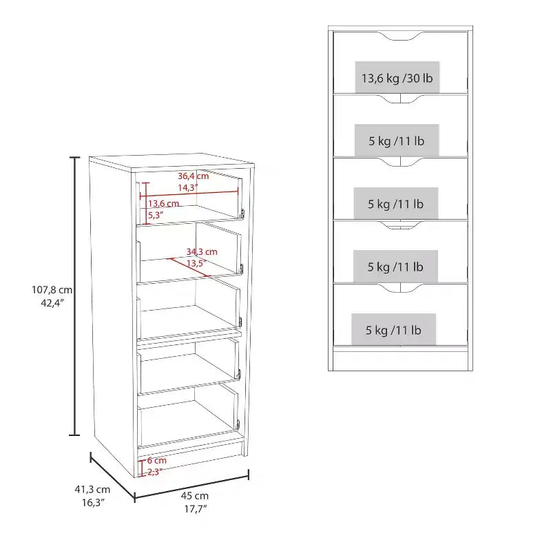 Commode étroite à 5 tiroirs – Rangement peu encombrant d'une capacité totale de 25 kg, tiroirs coulissants pour vêtements et jouets
