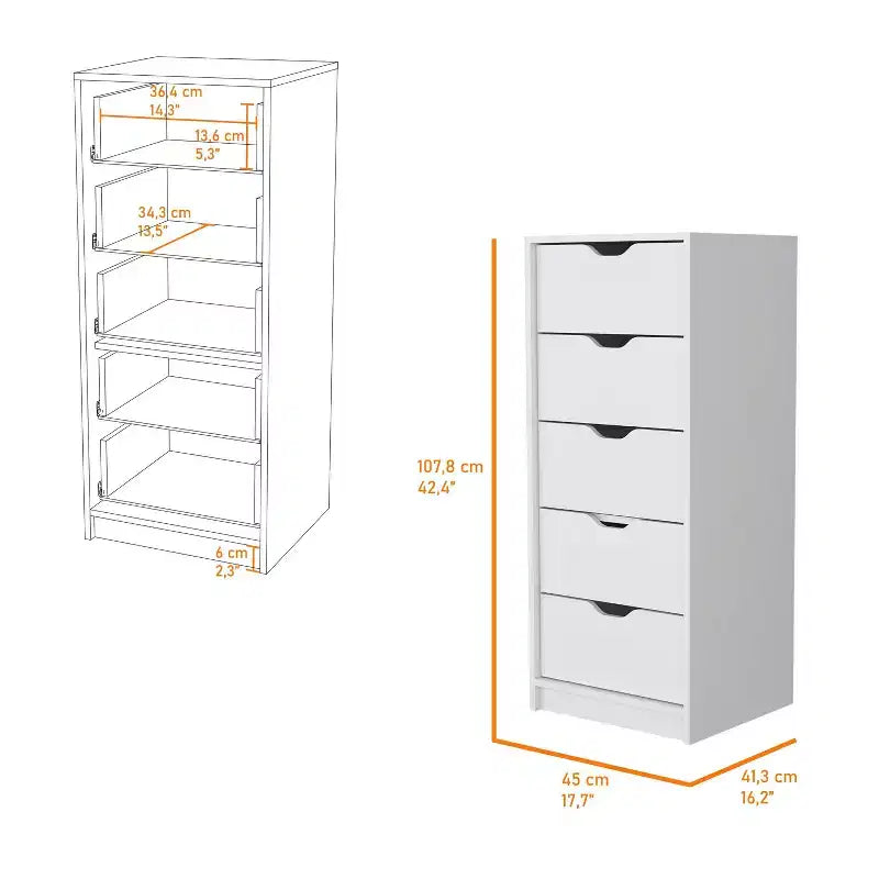 Commode étroite à 5 tiroirs – Rangement peu encombrant d'une capacité totale de 25 kg, tiroirs coulissants pour vêtements et jouets