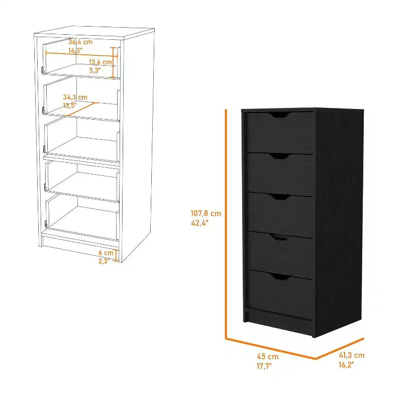 Commode étroite à 5 tiroirs – Rangement peu encombrant d'une capacité totale de 25 kg, tiroirs coulissants pour vêtements et jouets