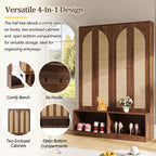 Porte-manteau de style ferme Widen Hall Tree avec 4 portes en rotin, banc d'entrée 4-en-1 avec 6 crochets et étagère réglable