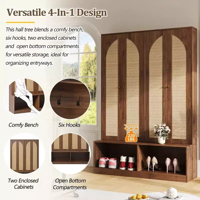 Porte-manteau de style ferme Widen Hall Tree avec 4 portes en rotin, banc d'entrée 4-en-1 avec 6 crochets et étagère réglable