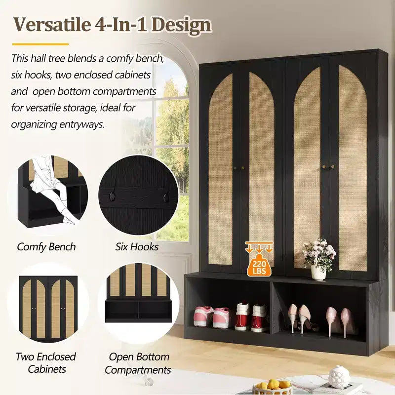 Porte-manteau de style ferme Widen Hall Tree avec 4 portes en rotin, banc d'entrée 4-en-1 avec 6 crochets et étagère réglable