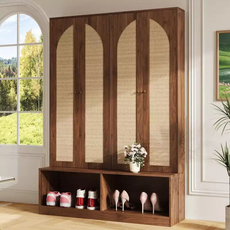 Porte-manteau de style ferme Widen Hall Tree avec 4 portes en rotin, banc d'entrée 4-en-1 avec 6 crochets et étagère réglable
