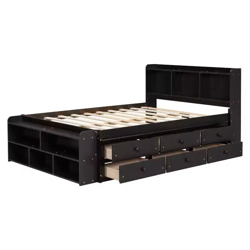 Lit double Whisen avec tête de lit bibliothèque et rangement