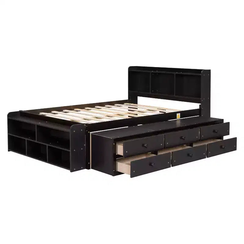 Lit double Whisen avec tête de lit bibliothèque et rangement