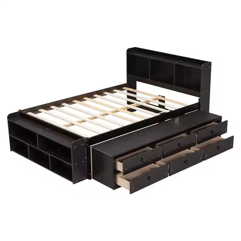 Lit double Whisen avec tête de lit bibliothèque et rangement