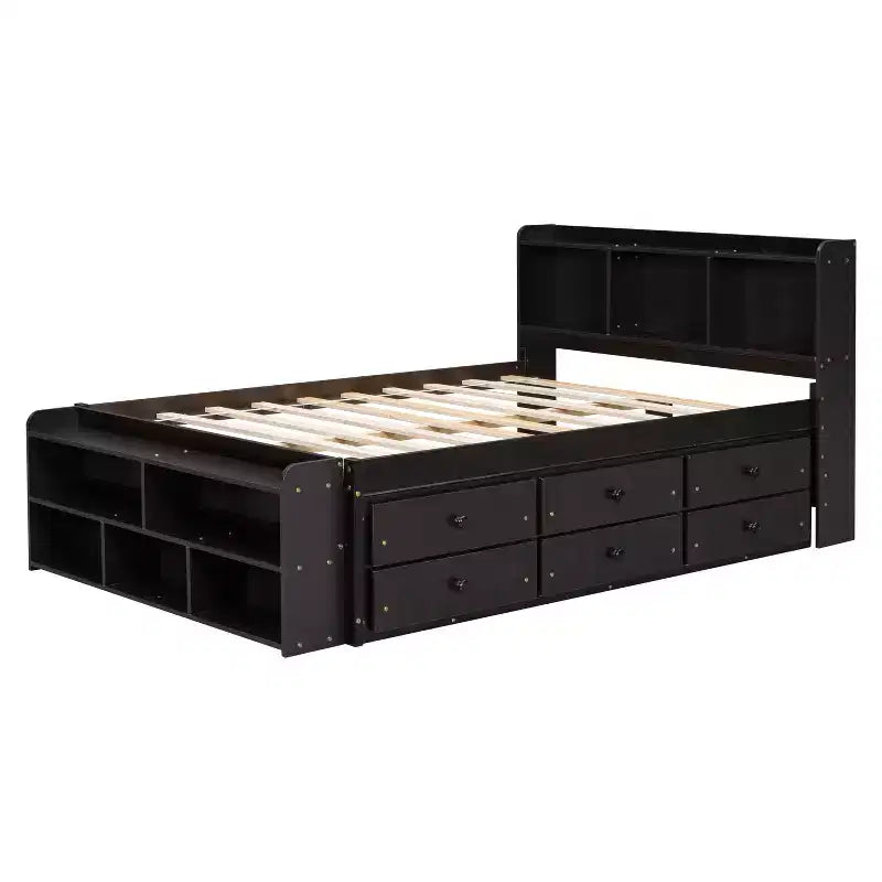 Lit double Whisen avec tête de lit bibliothèque et rangement
