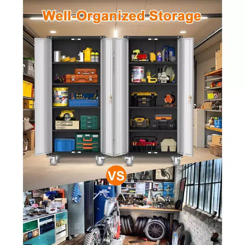 Armoire de rangement métallique 72 H avec roulettes, armoire à outils en acier avec serrure et 4 étagères réglables et roulettes verrouillables, organisation de rangement