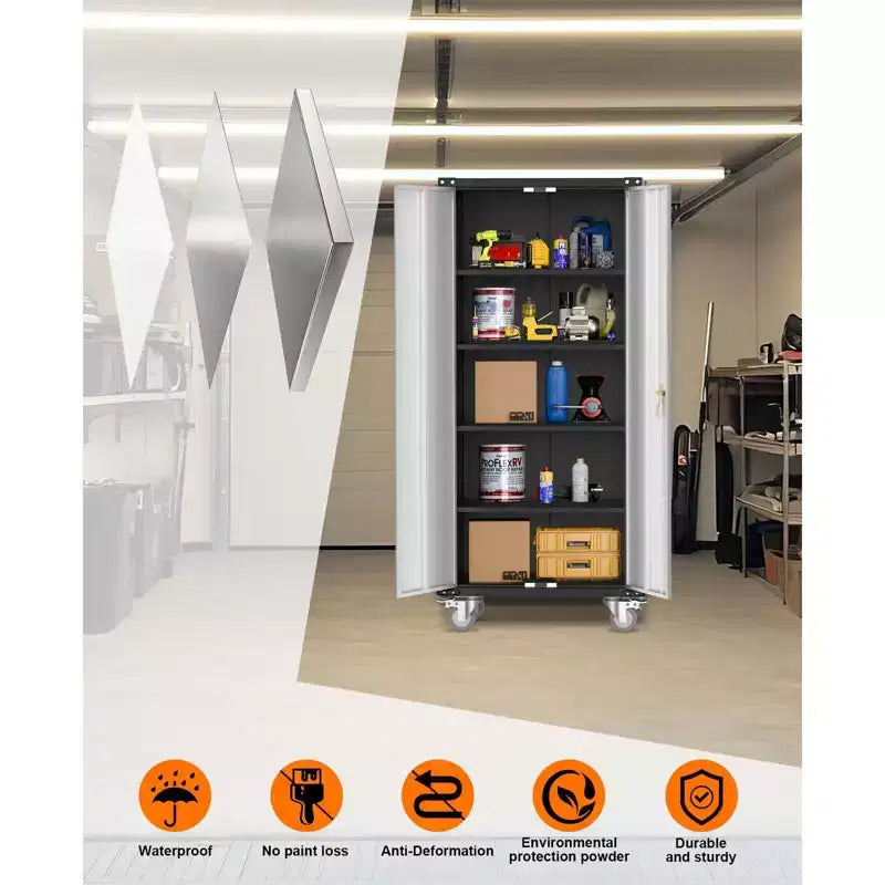 Armoire de rangement métallique 72 H avec roulettes, armoire à outils en acier avec serrure et 4 étagères réglables et roulettes verrouillables, organisation de rangement