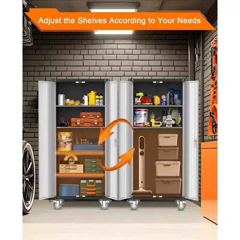 Armoire de rangement métallique 72 H avec roulettes, armoire à outils en acier avec serrure et 4 étagères réglables et roulettes verrouillables, organisation de rangement