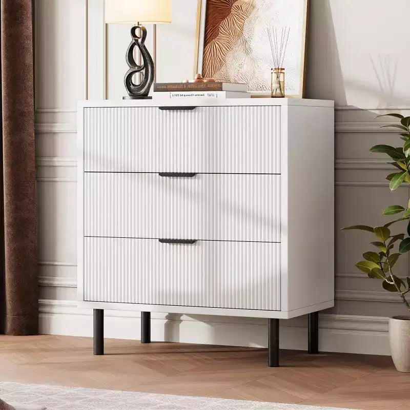 Commode à 3 tiroirs cannelés, Large commode en bois, Commode de rangement moderne