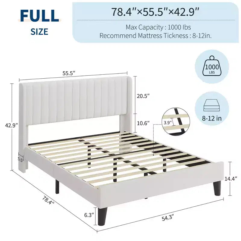 Cadre de lit avec tête de lit capitonnée à oreilles – Plateforme rembourrée à canaux verticaux, lattes en bois renforcées et silencieuses, aucun sommier tapissier requis, blanc