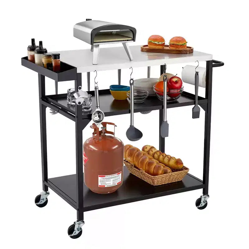 Table roulante pour barbecue d'extérieur, support de four à pizza avec 4 roues, table de préparation de cuisine pour barbecue
