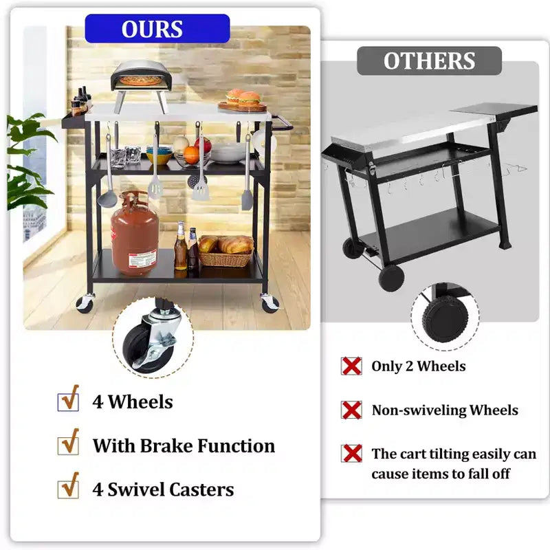 Table roulante pour barbecue d'extérieur, support de four à pizza avec 4 roues, table de préparation de cuisine pour barbecue