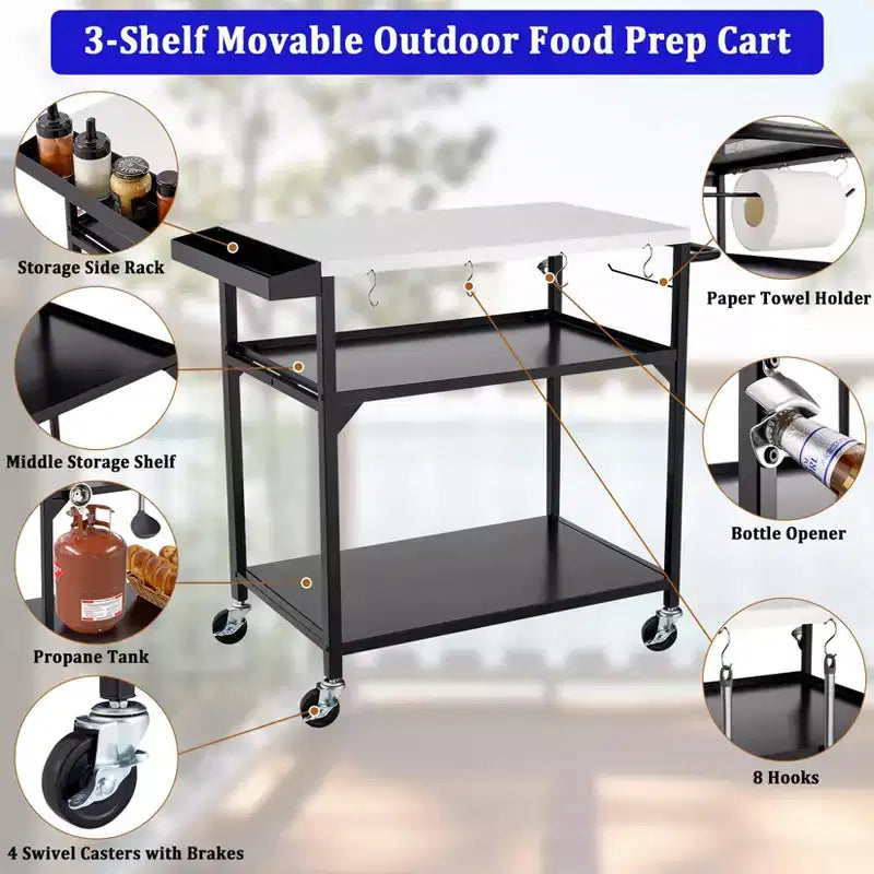 Table roulante pour barbecue d'extérieur, support de four à pizza avec 4 roues, table de préparation de cuisine pour barbecue