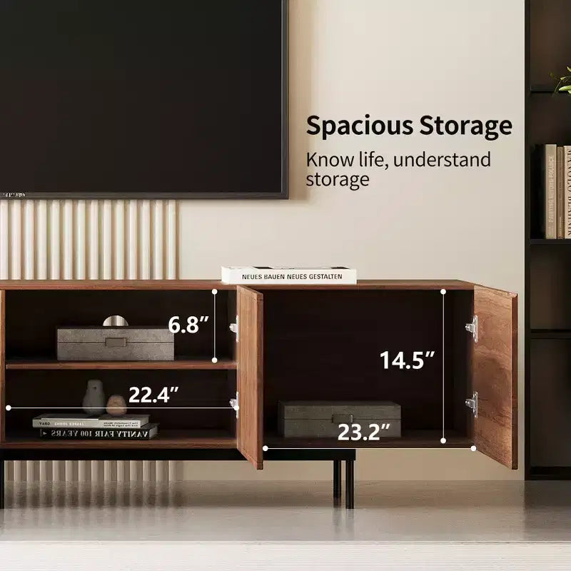 Gaoyangjiaju 70.87 Meuble TV Noyer Mid-Century Modern pour TV jusqu'à 80 pouces – Console Média avec Portes Coulissantes à Lattes