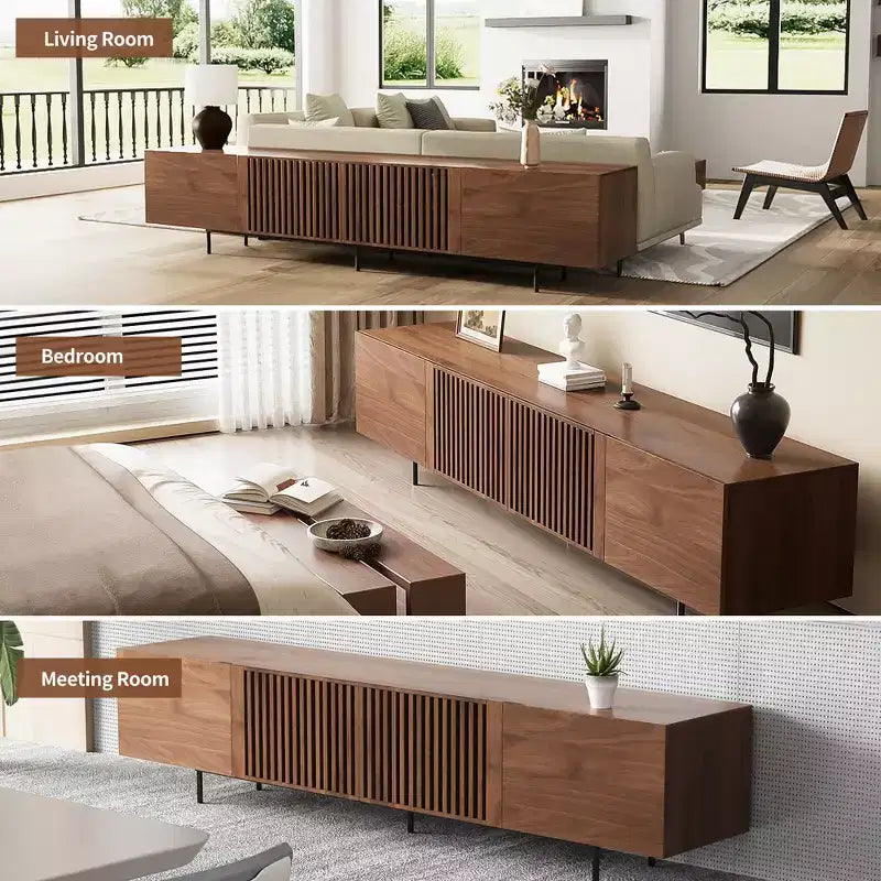Gaoyangjiaju 70.87 Meuble TV Noyer Mid-Century Modern pour TV jusqu'à 80 pouces – Console Média avec Portes Coulissantes à Lattes