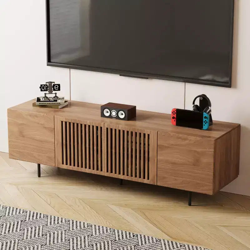 Gaoyangjiaju 70.87 Meuble TV Noyer Mid-Century Modern pour TV jusqu'à 80 pouces – Console Média avec Portes Coulissantes à Lattes