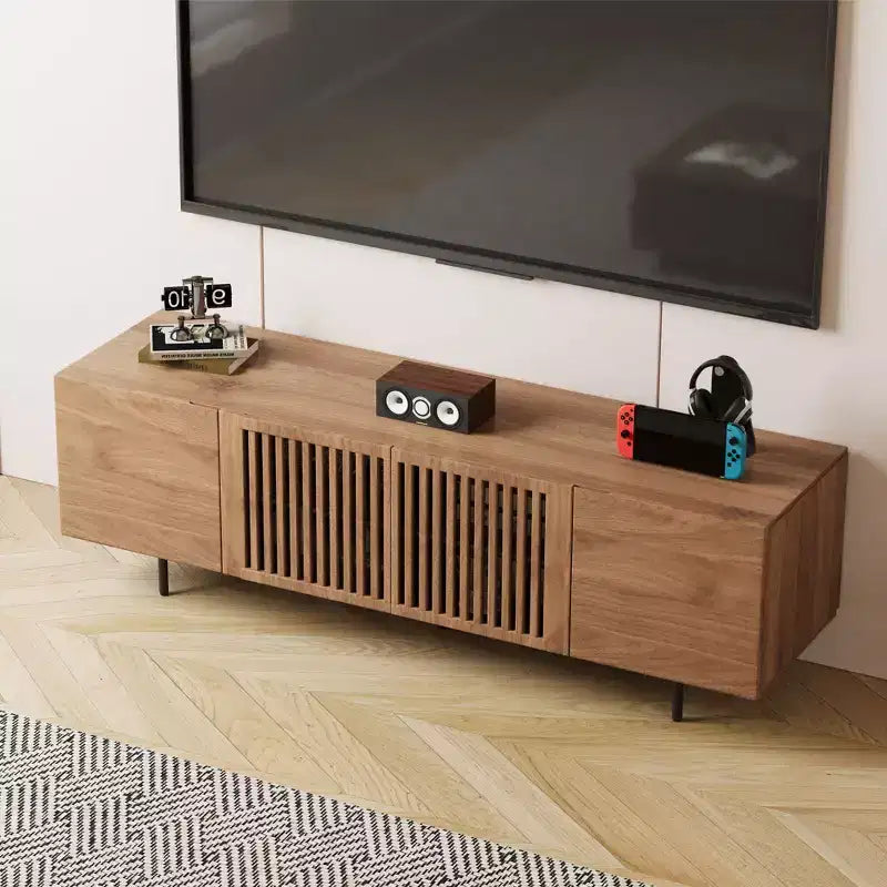 Gaoyangjiaju 70.87 Meuble TV Noyer Mid-Century Modern pour TV jusqu'à 80 pouces – Console Média avec Portes Coulissantes à Lattes