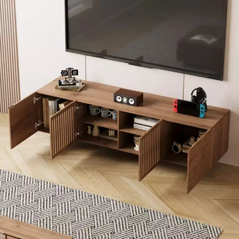 Gaoyangjiaju 70.87 Meuble TV Noyer Mid-Century Modern pour TV jusqu'à 80 pouces – Console Média avec Portes Coulissantes à Lattes