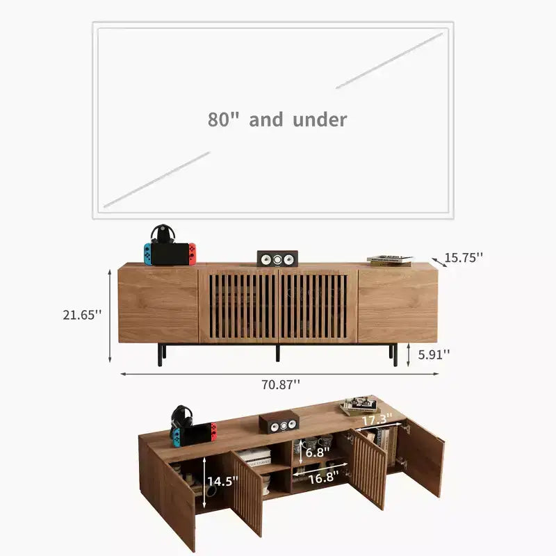 Gaoyangjiaju 70.87 Meuble TV Noyer Mid-Century Modern pour TV jusqu'à 80 pouces – Console Média avec Portes Coulissantes à Lattes