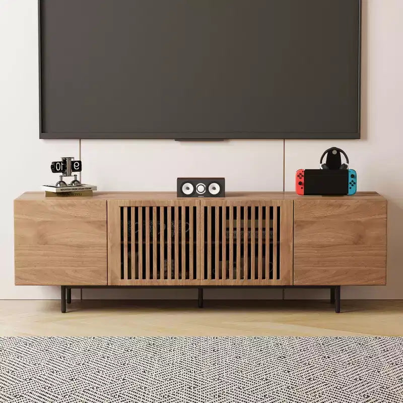 Gaoyangjiaju 70.87 Meuble TV Noyer Mid-Century Modern pour TV jusqu'à 80 pouces – Console Média avec Portes Coulissantes à Lattes