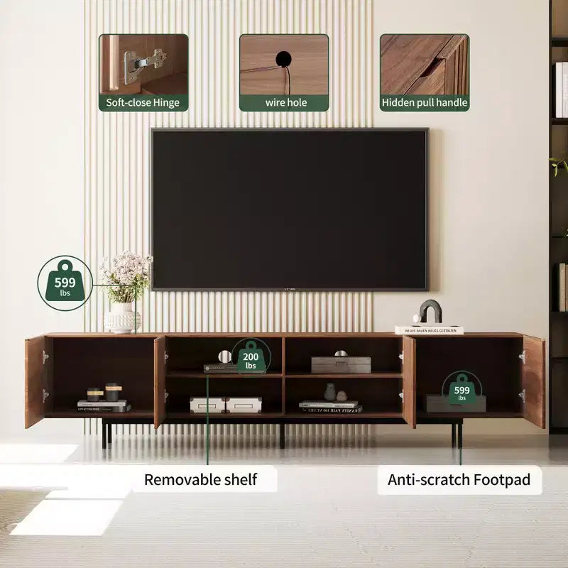 Gaoyangjiaju 70.87 Meuble TV Noyer Mid-Century Modern pour TV jusqu'à 80 pouces – Console Média avec Portes Coulissantes à Lattes