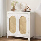 Buffet en teck Mid-Century - Meuble de rangement rétro 30" avec portes en rotin et étagères réglables, Console d'appoint Bohème Chic pour Salon